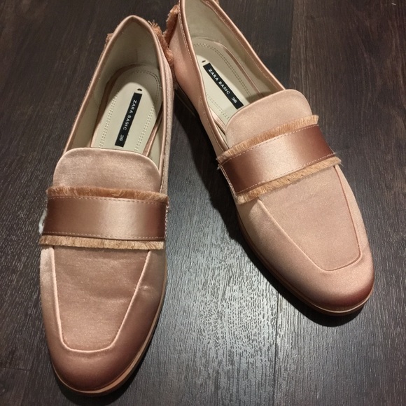 NEW Zara Pink Satin Frayed Loafers Flats - Picture 3 of 8